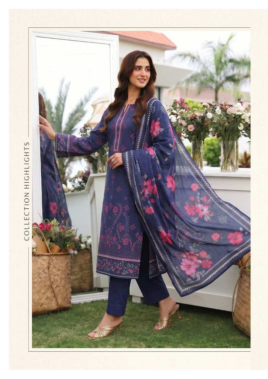 Midnight blue floral printed 3-piece lawn suit from My Store's Signature Collection displayed on a hanger.