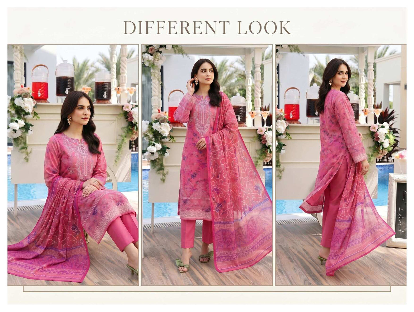 Elegant Rose Blush printed 3-piece lawn suit with intricate designs, featuring a matching dupatta and trousers for a stylish look.