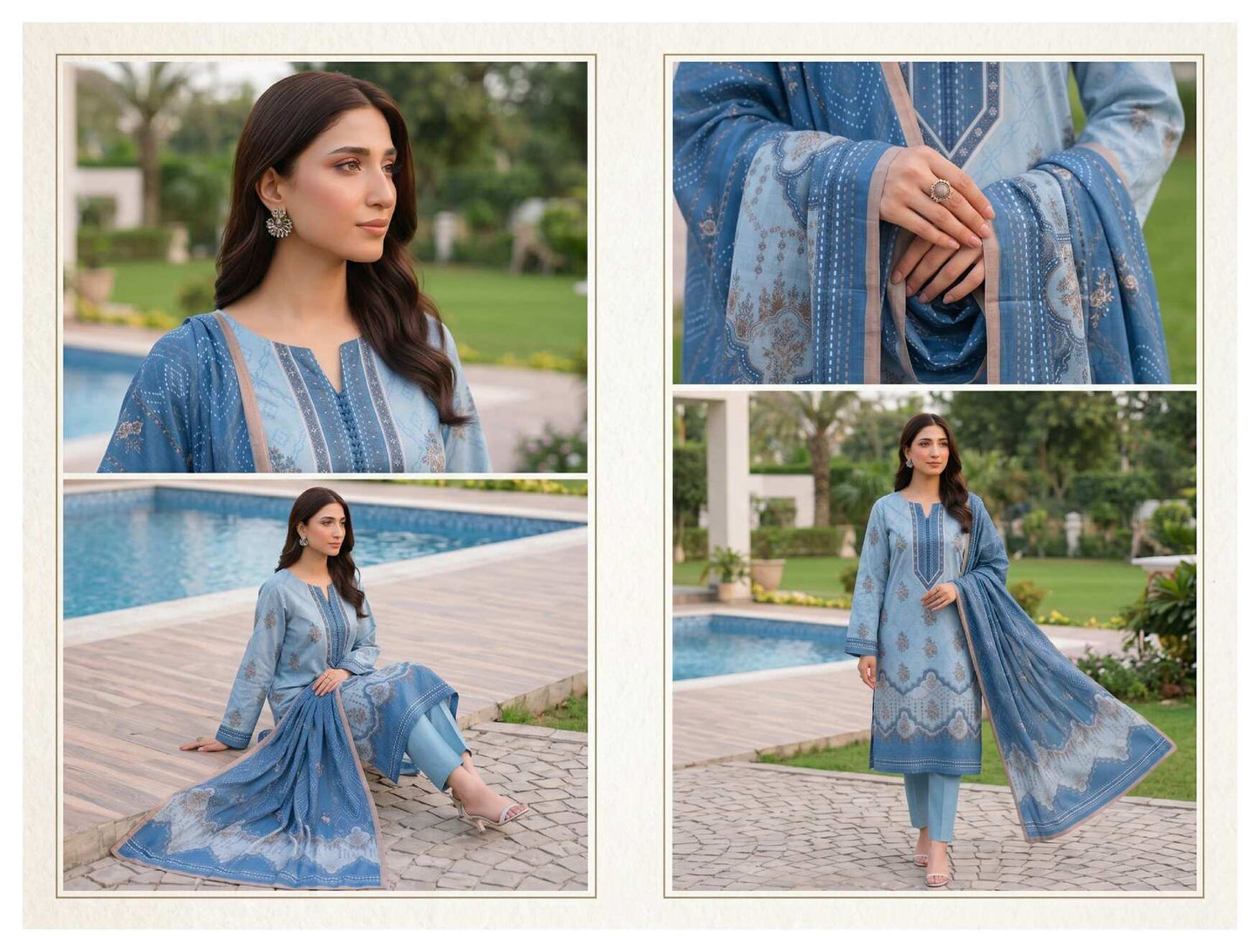 Elegant blue printed 3-piece lawn suit with matching dupatta, showcasing intricate design and vibrant fabric from My Store.