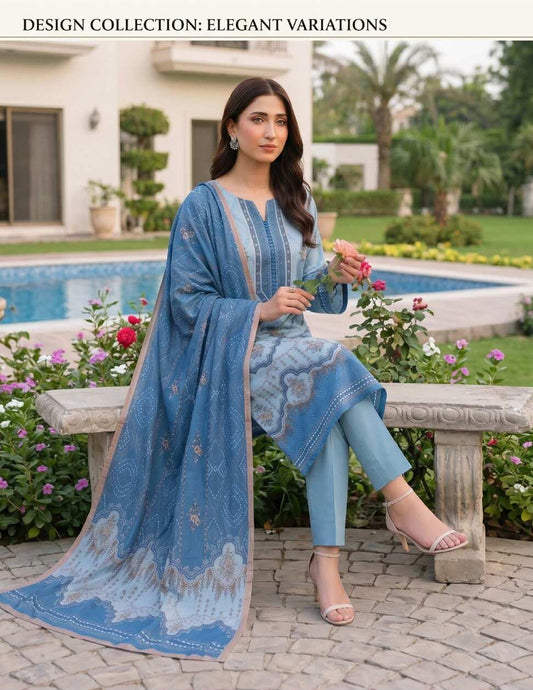 Elegant blue printed 3-piece lawn suit with intricate designs, including a top, trousers, and dupatta, perfect for summer wear.