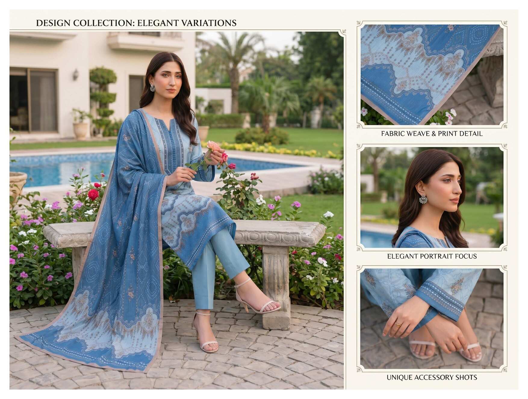 Elegant blue printed 3-piece lawn suit with intricate designs, featuring a long shirt, matching trousers, and a dupatta.