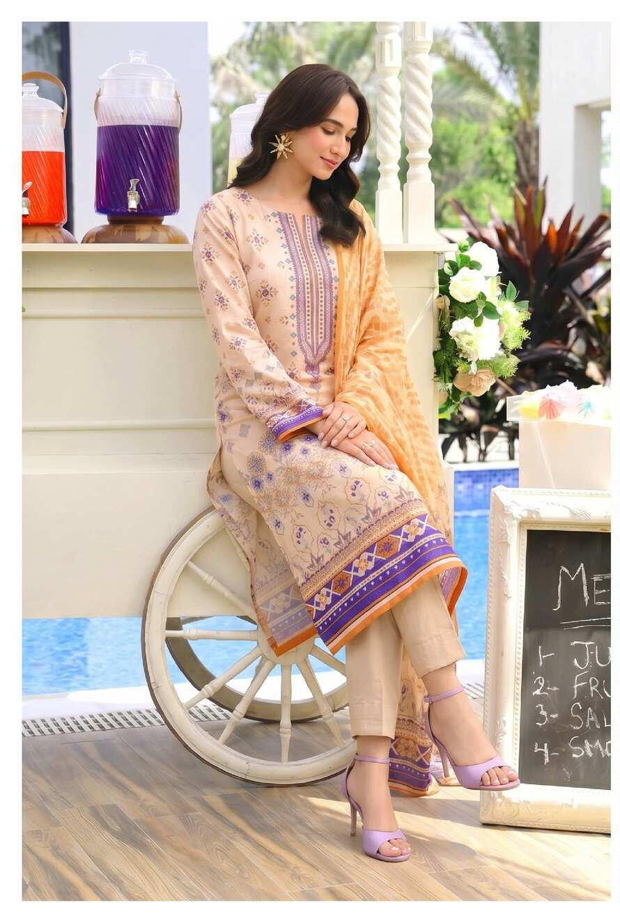 Elegant Peach Blossom 3-piece lawn suit by My Store featuring floral print and lightweight fabric, perfect for summer wear.