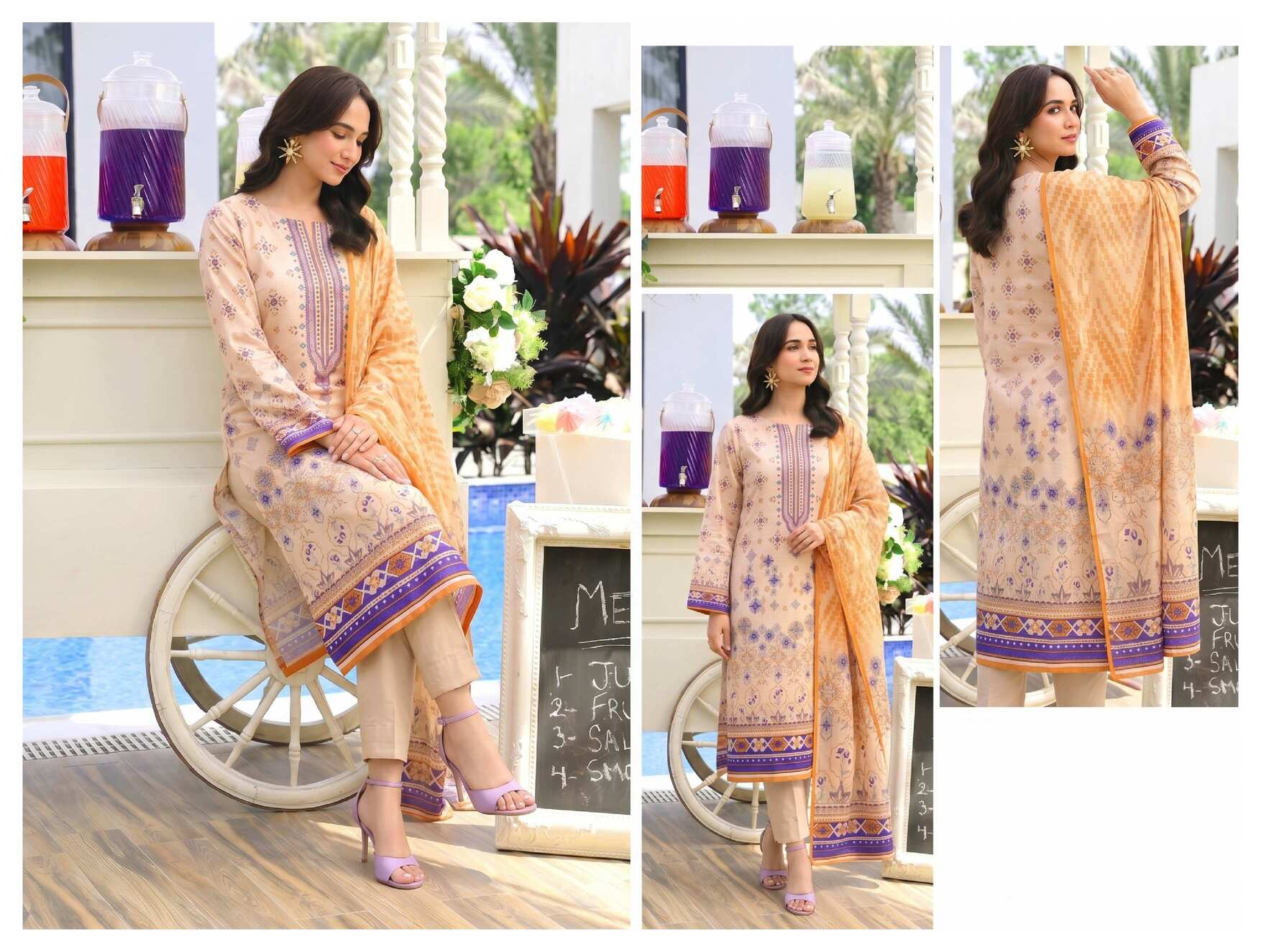 Elegant peach blossom printed 3-piece lawn suit with intricate designs, featuring a top, trousers, and dupatta in vibrant colors.