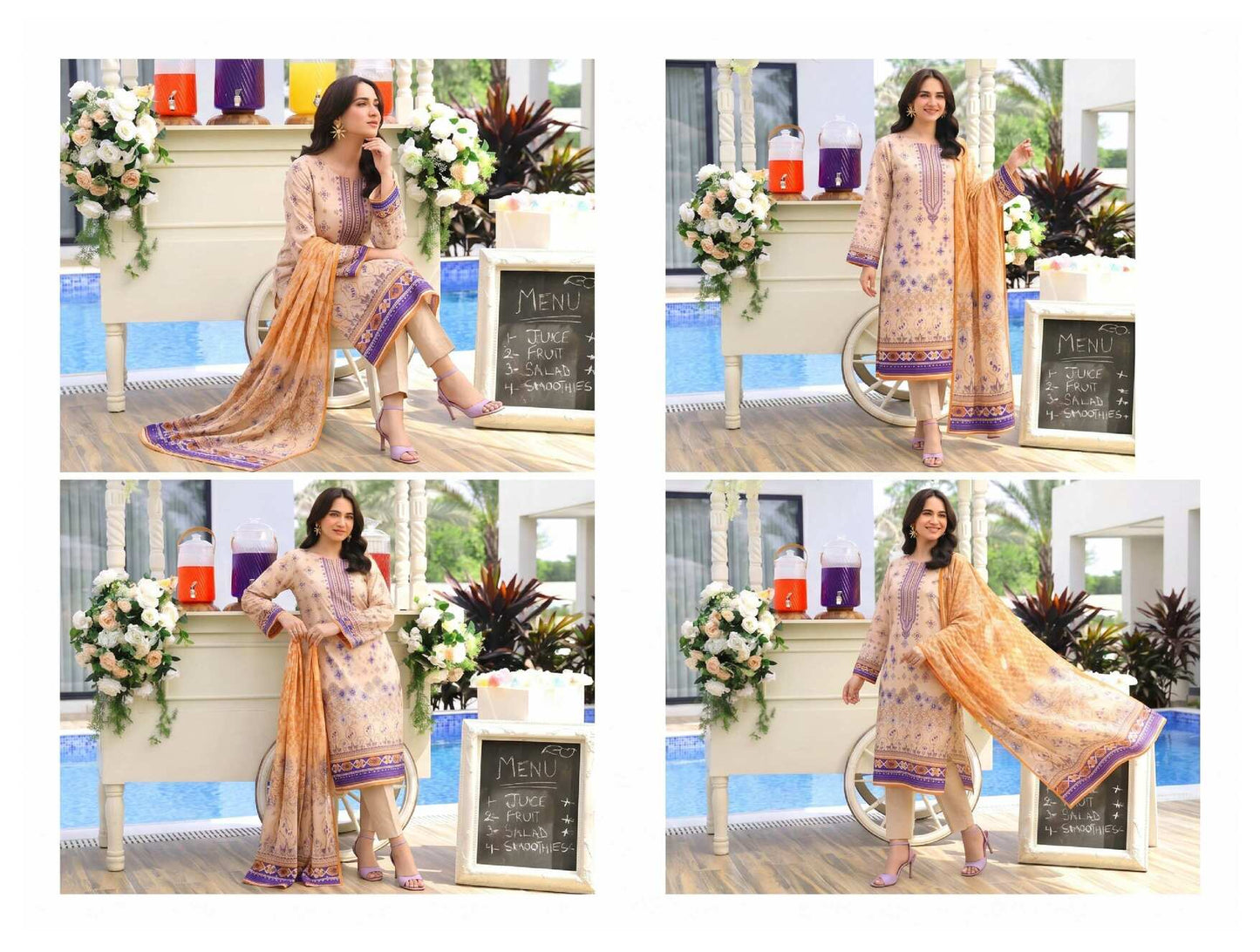 Elegant Peach Blossom 3-piece lawn suit with printed design, featuring a flowy shirt, matching trousers, and dupatta.