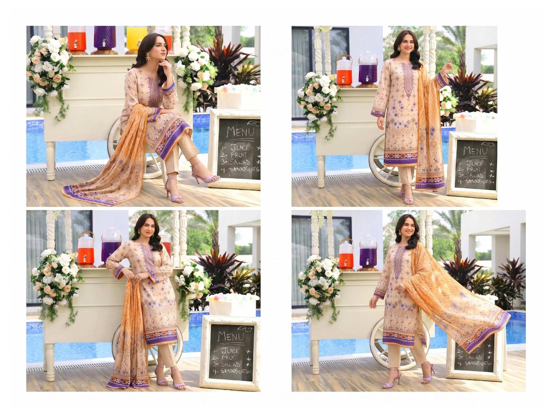 Elegant Peach Blossom 3-piece lawn suit with printed design, featuring a flowy shirt, matching trousers, and dupatta.