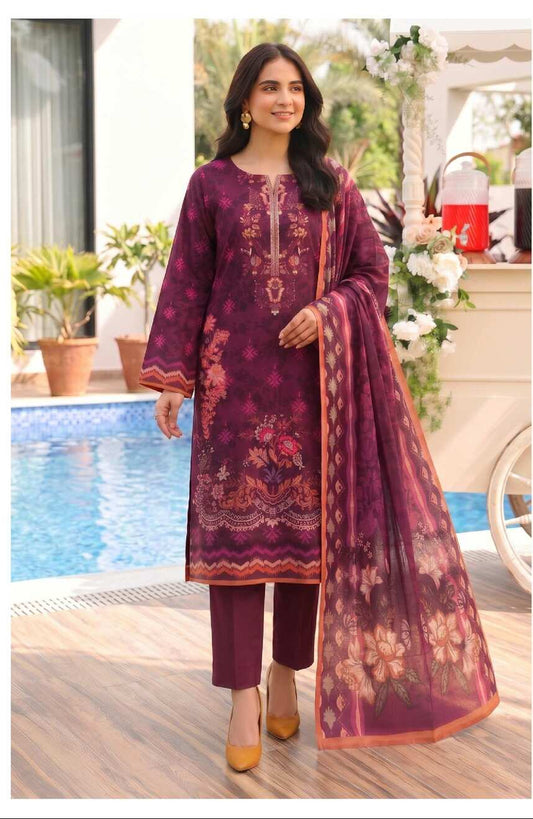 Elegant maroon printed 3-piece lawn suit with floral dupatta, featuring intricate designs and lightweight fabric.
