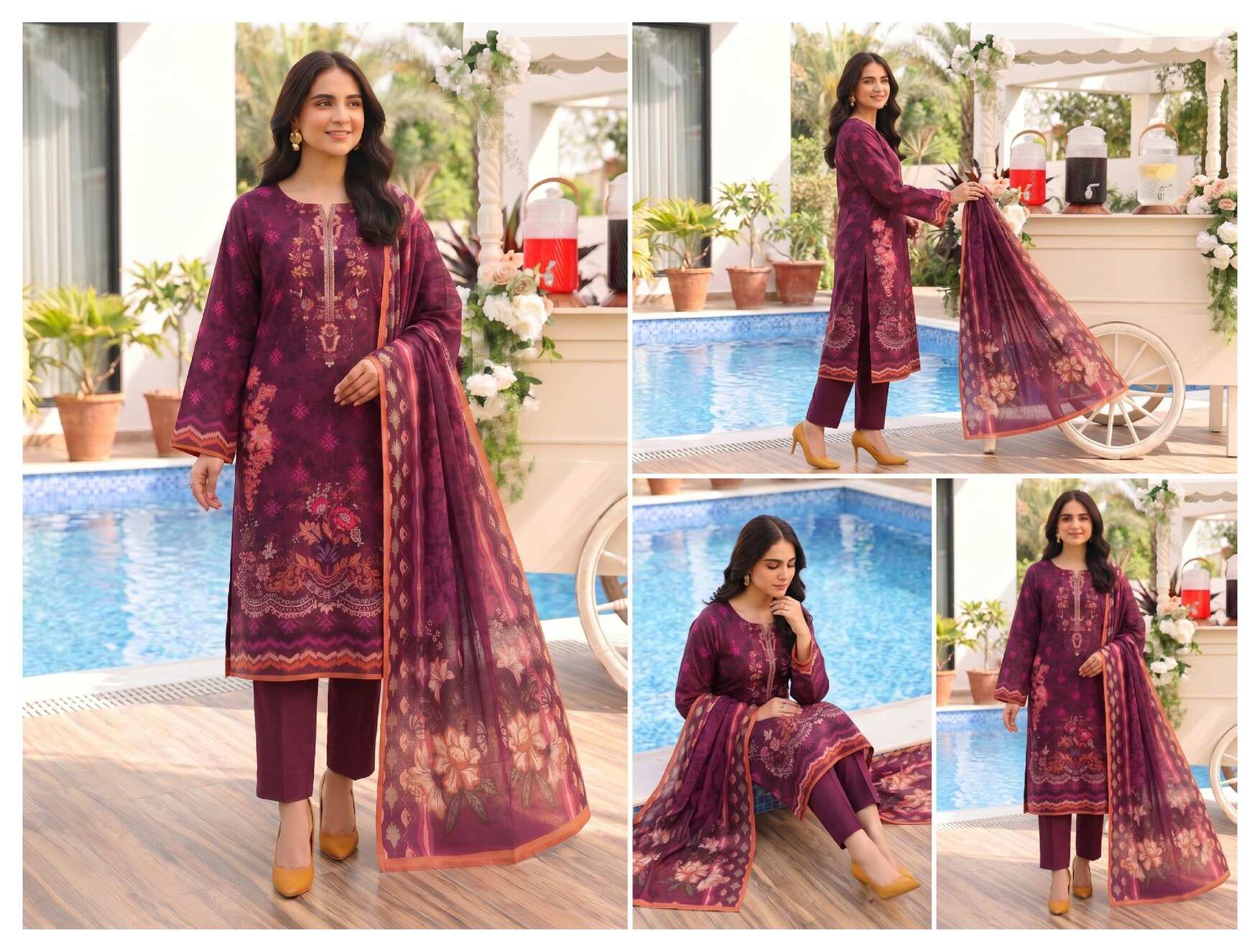 Elegant maroon printed 3-piece lawn suit with floral dupatta, featuring intricate designs and vibrant fabric from My Store.