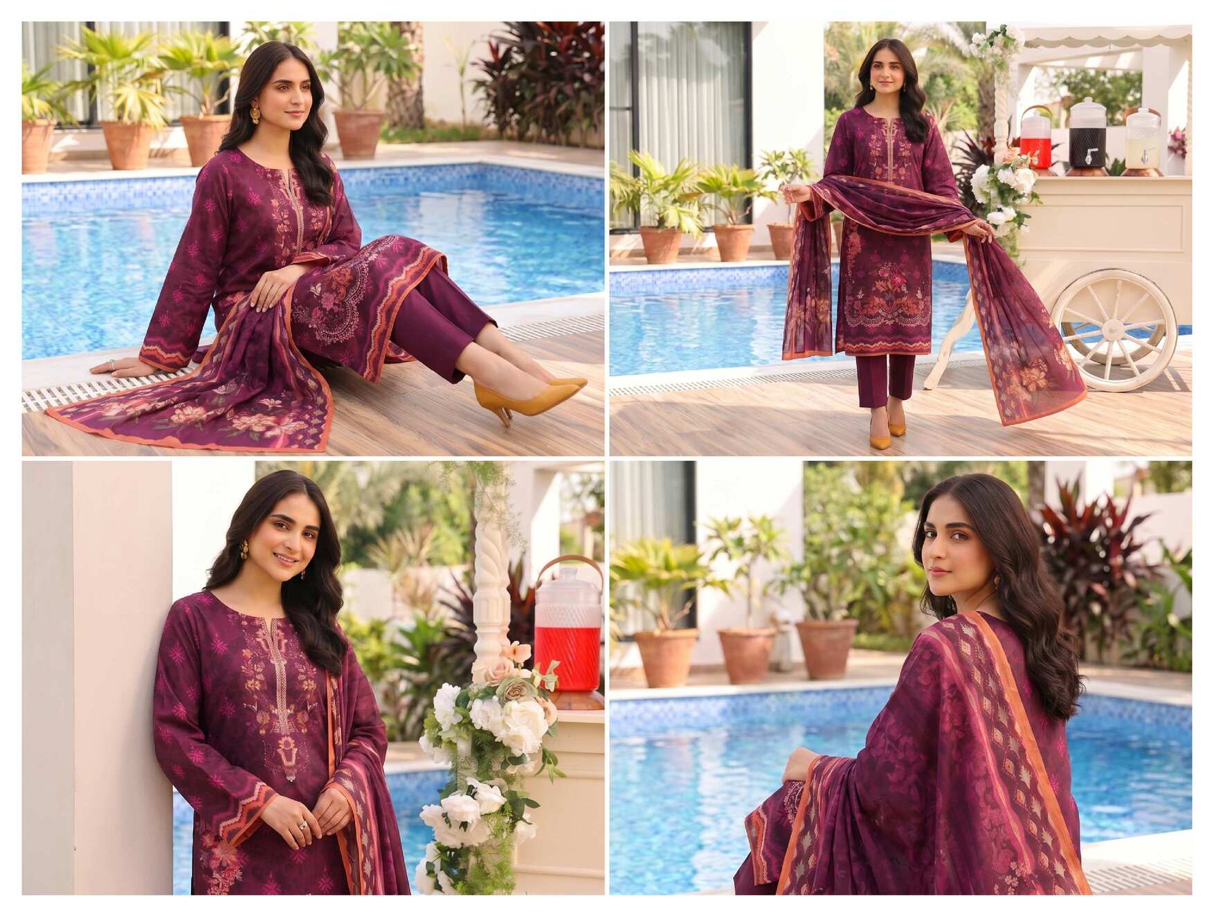 Elegant maroon printed 3-piece lawn suit with floral dupatta, featuring intricate designs and lightweight fabric from My Store.