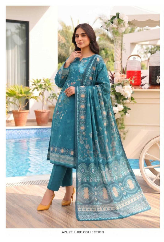 Blue printed 3-piece lawn suit with elegant floral dupatta, featuring traditional design and vibrant colors.