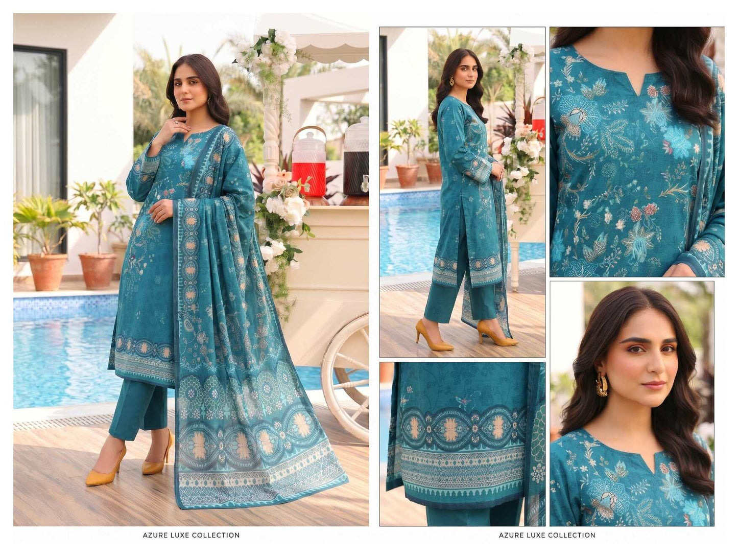 Blue printed 3-piece lawn suit with floral dupatta, featuring elegant design and matching fabric from My Store.