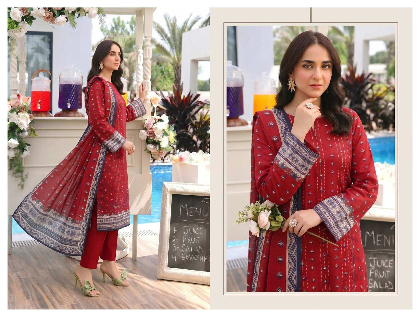 Elegant crimson red printed 3-piece lawn suit with statement dupatta, showcasing intricate design and vibrant fabric detail.