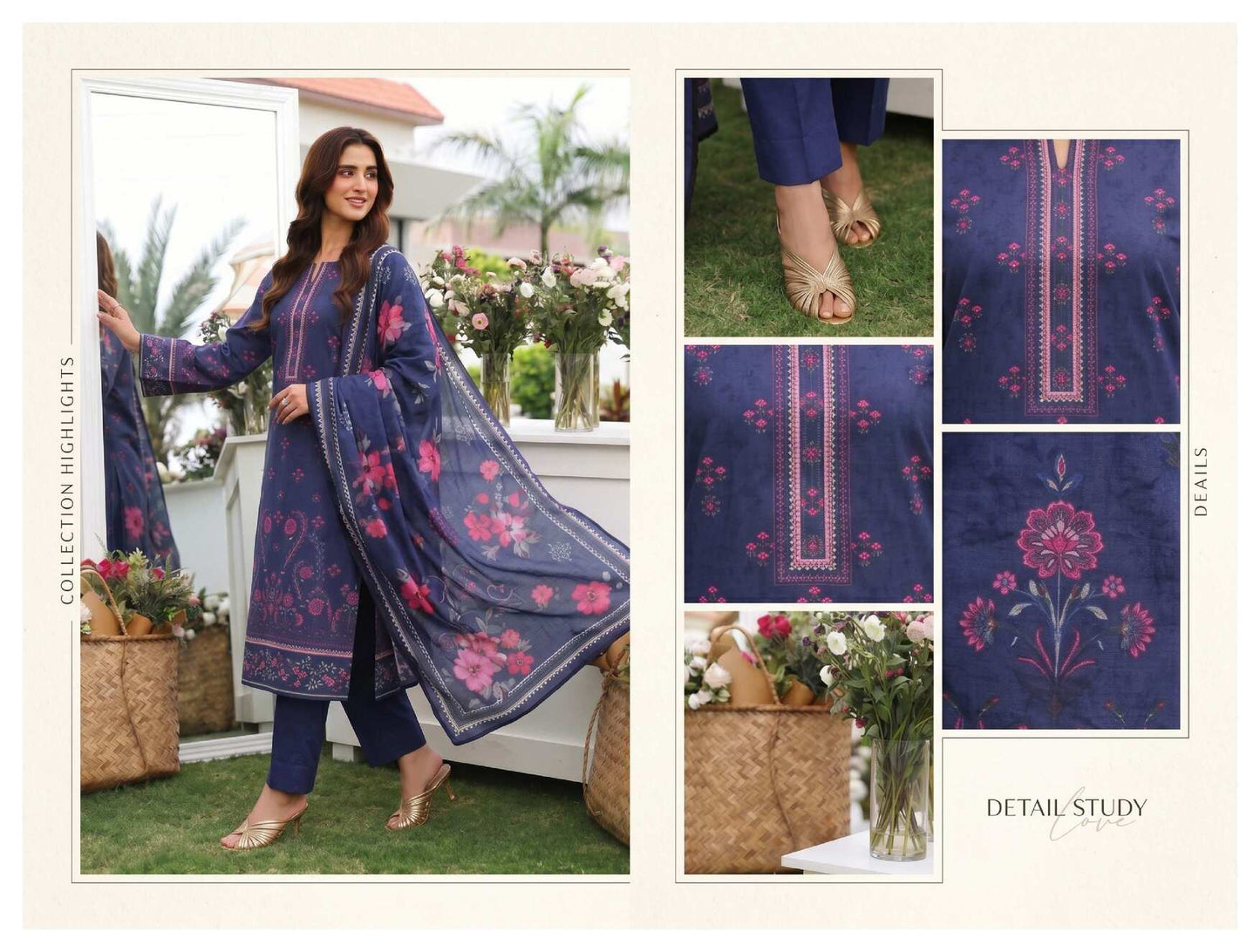 Midnight blue floral printed 3-piece lawn suit from My Store Signature Collection, featuring a printed top, pants, and dupatta.