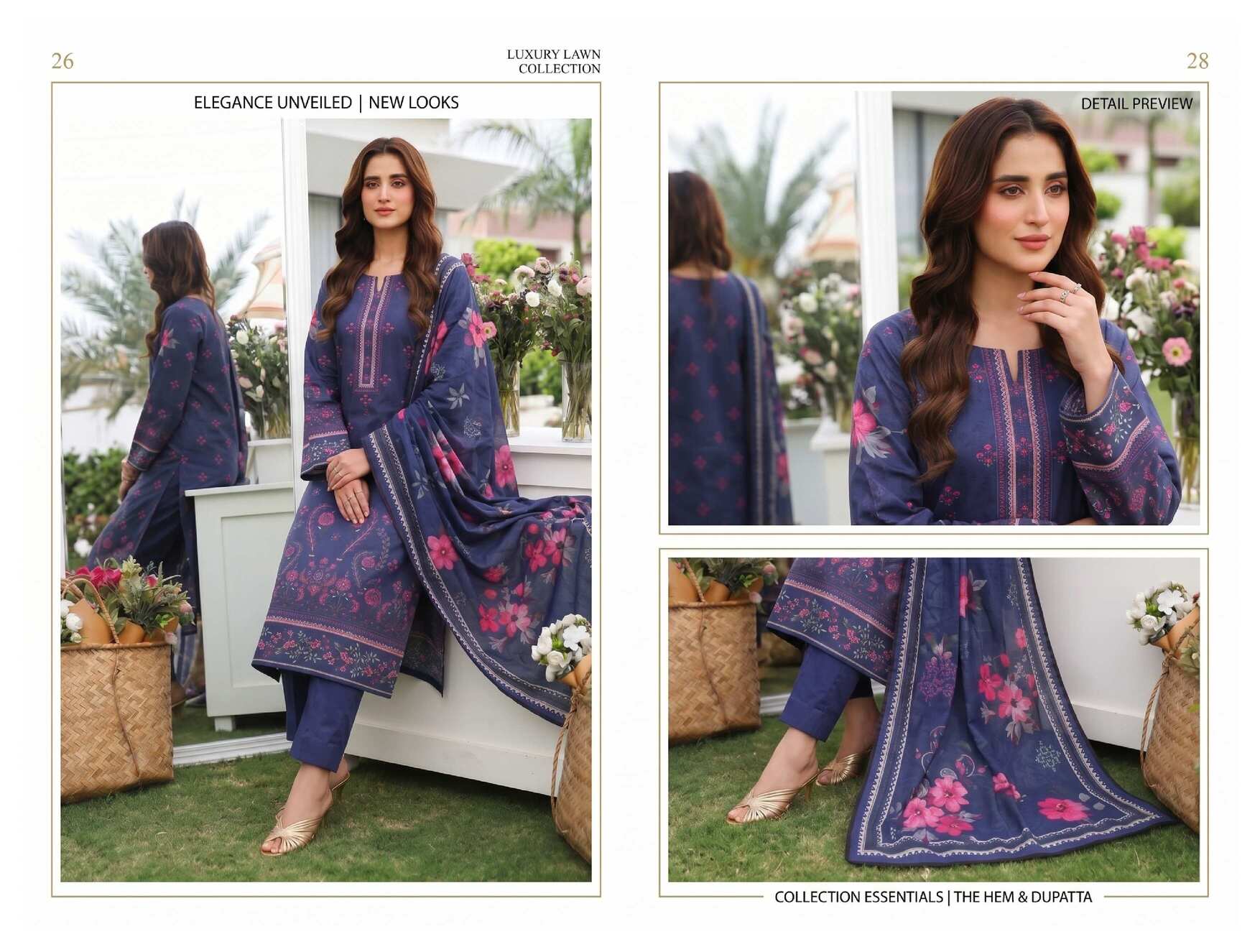 Midnight blue floral printed 3-piece lawn suit from My Store's Signature Collection, showing the top, trousers, and dupatta.