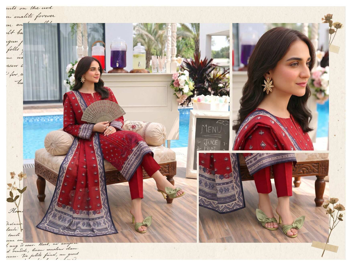 Elegant crimson red printed 3-piece lawn suit with statement dupatta, showcasing intricate design and vibrant fabric details.