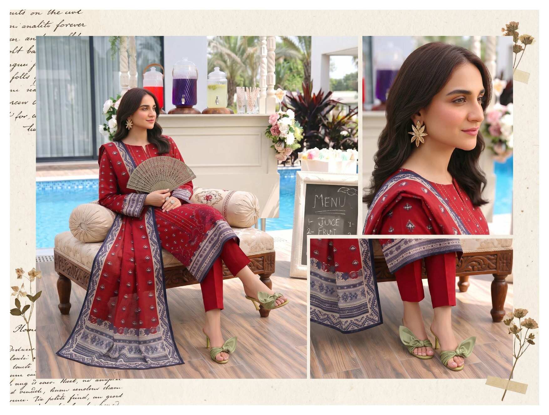 Elegant crimson red printed 3-piece lawn suit with statement dupatta, showcasing intricate design and vibrant fabric details.