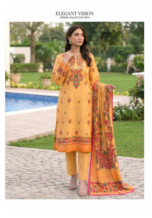 Mustard yellow printed 3-piece lawn suit with floral embroidered details, featuring traditional South Asian attire with vibrant patterns and fabrics.