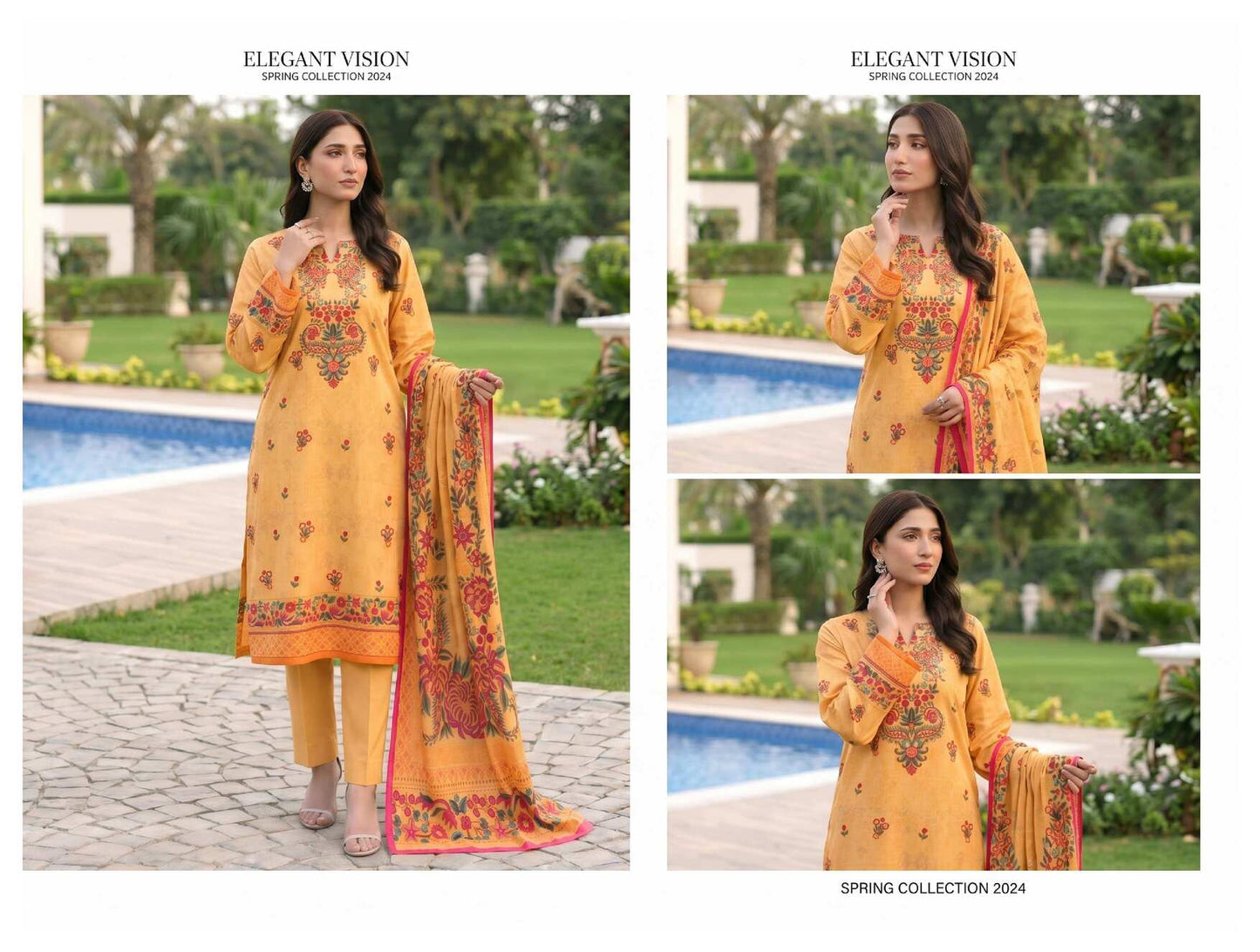 Mustard yellow printed 3-piece lawn suit with floral embroidered details, featuring a top, pants, and dupatta from My Store.