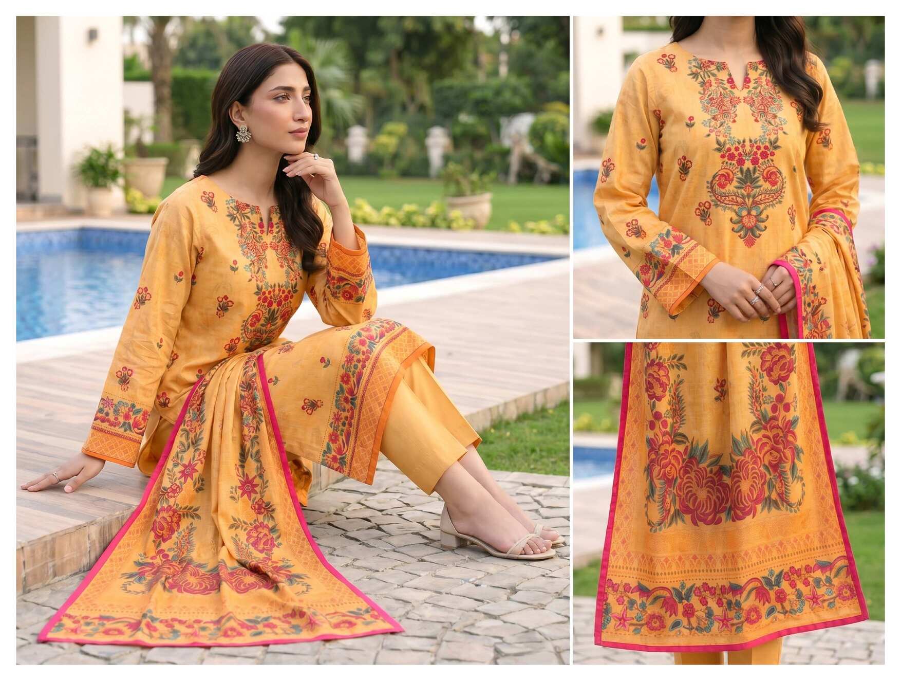 Mustard yellow printed 3-piece lawn suit with floral embroidered details, featuring a matching top, bottom, and dupatta.