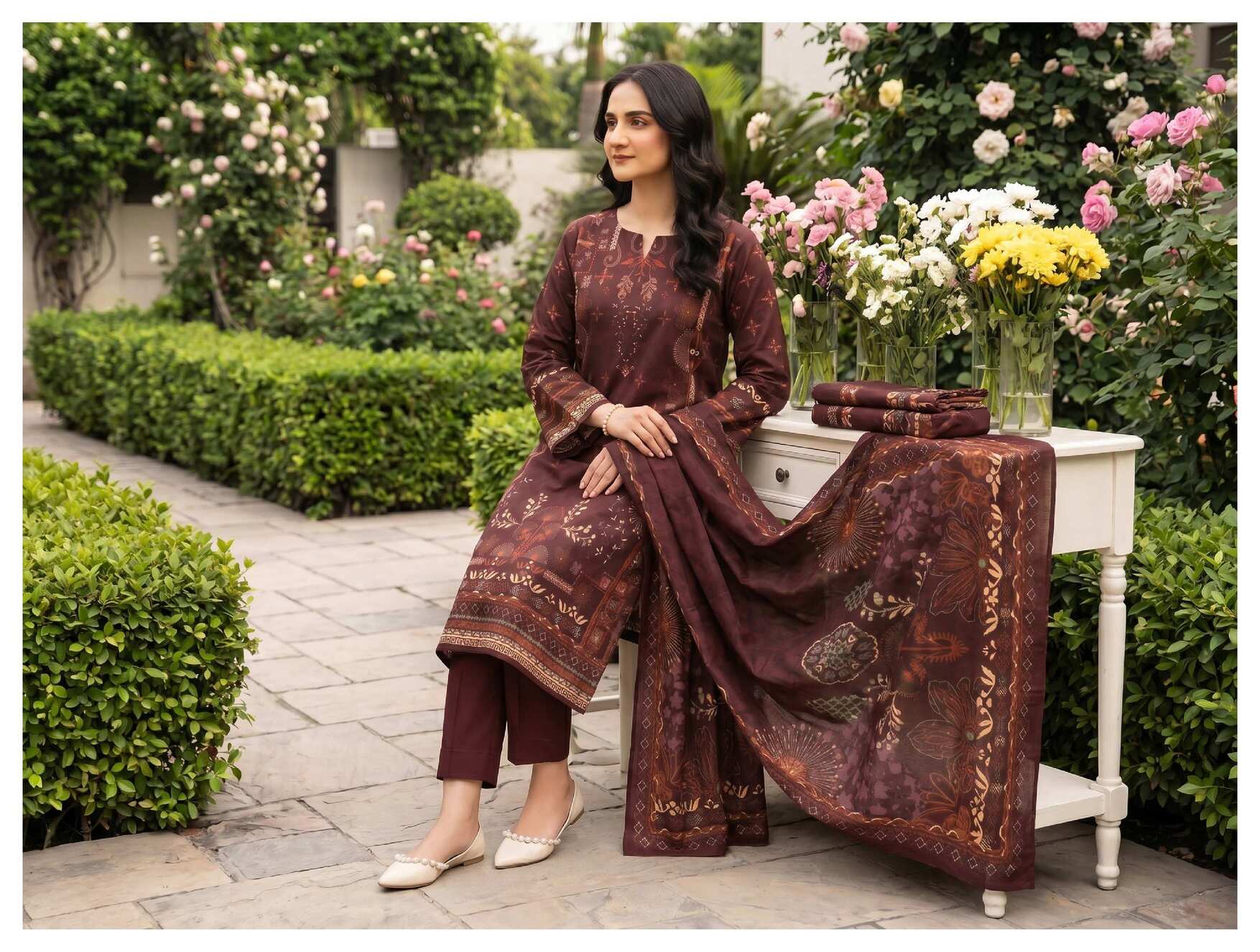 Elegant chocolate brown printed 3-piece lawn suit with floral dupatta, featuring intricate design and vibrant colors.