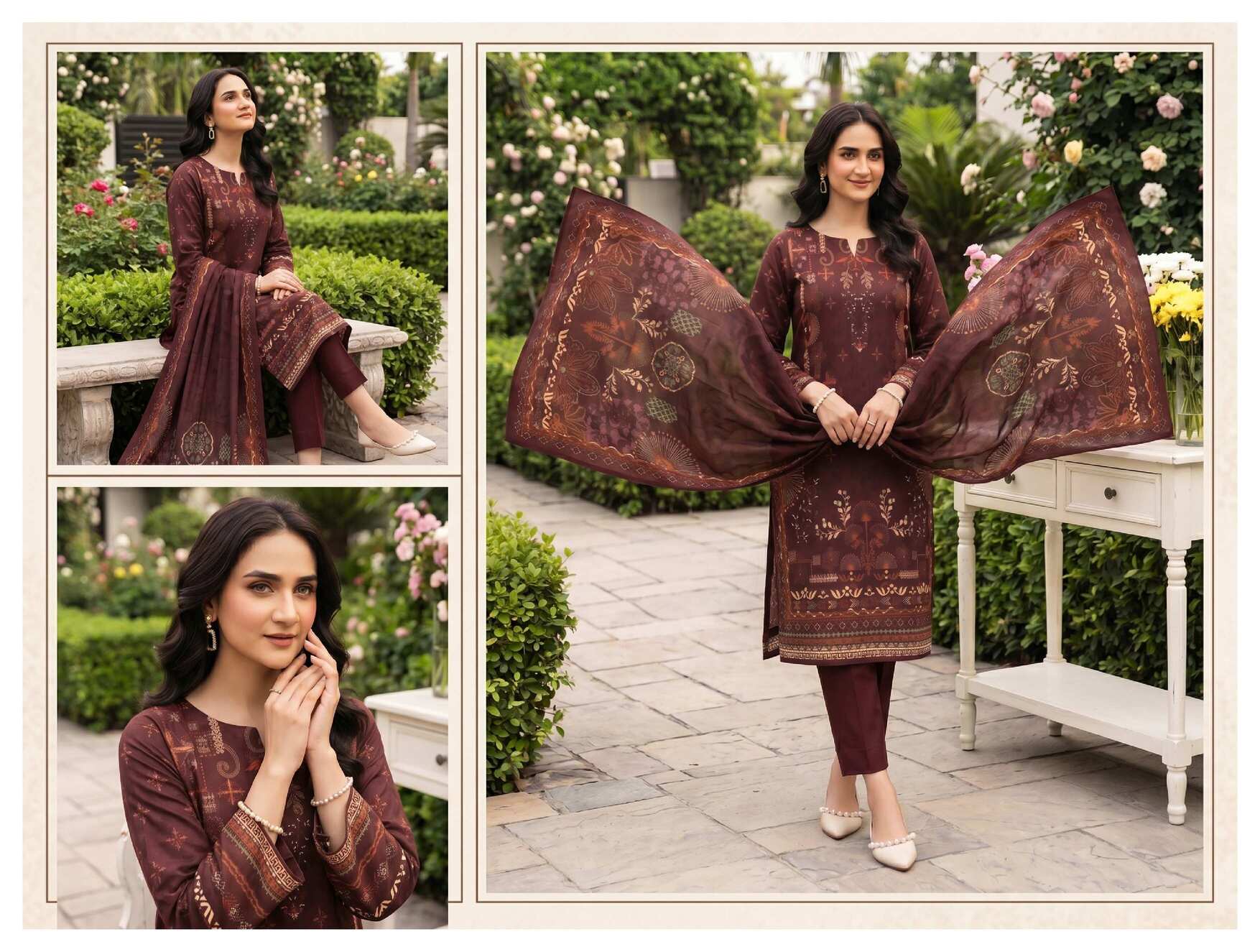 Elegant chocolate brown printed 3-piece lawn suit with floral dupatta, showcasing intricate design and vibrant fabric details.