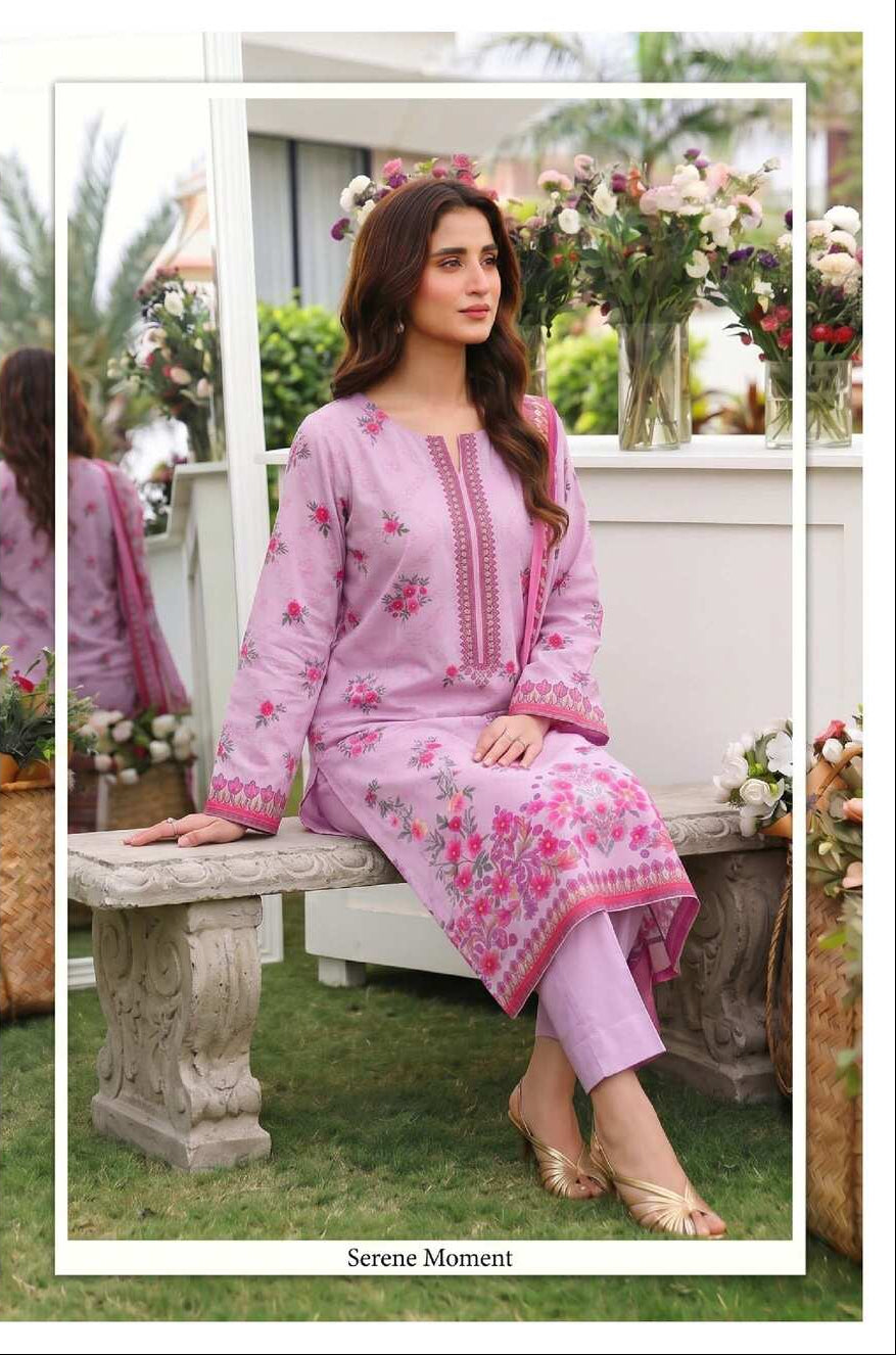 Blush pink floral 3-piece lawn suit from My Store's elegant summer collection, featuring a printed top, matching pants, and dupatta.