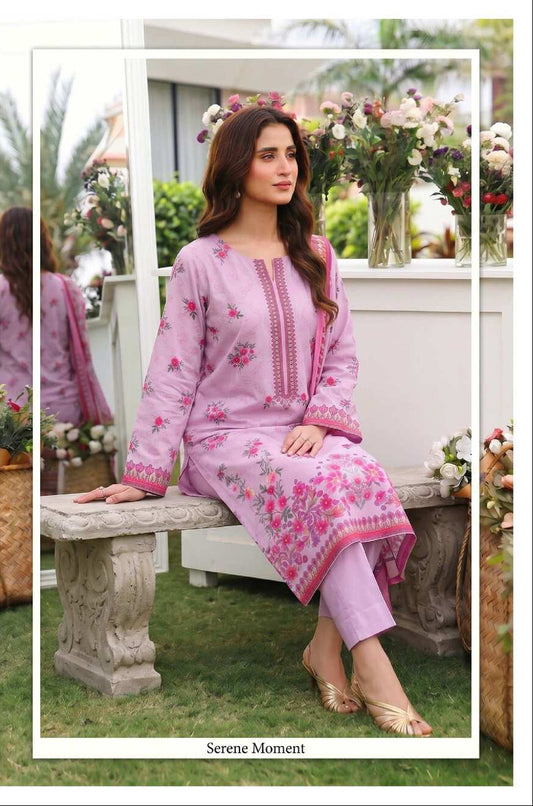 Blush pink floral 3-piece lawn suit from My Store's elegant summer collection, featuring a printed top, matching pants, and dupatta.