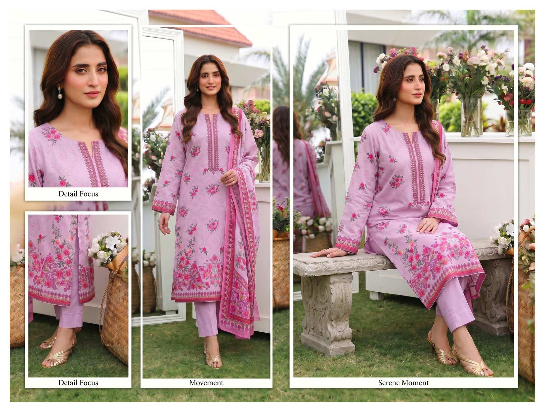 Blush pink floral lawn suit with three pieces, featuring a traditional elegant summer design, displayed on a hanger.