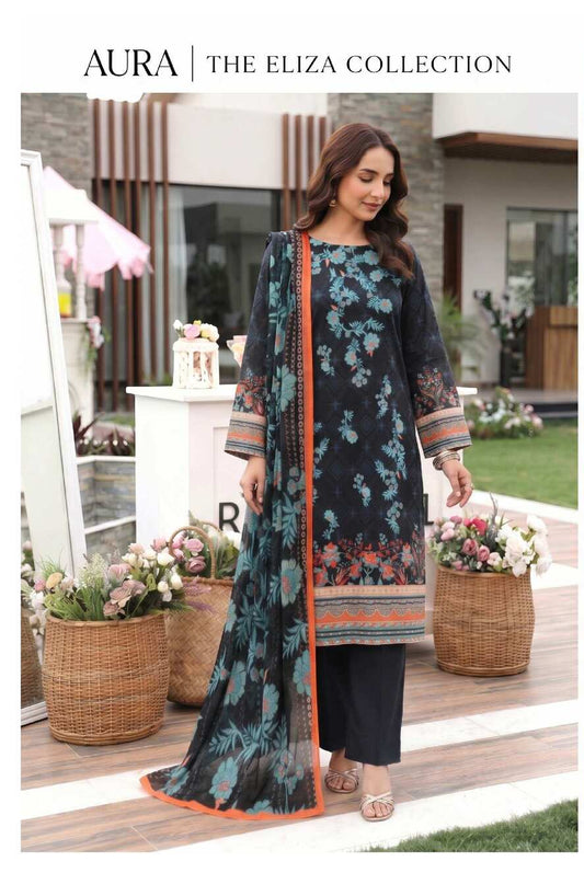 Elegant printed 3-piece suit from AURA Eliza Collection featuring a stylish top, matching pants, and a coordinating dupatta.