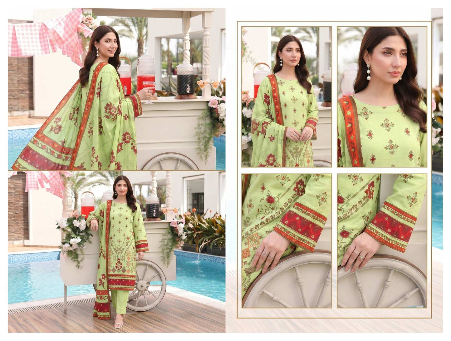 Elegant lime blossom printed 3-piece lawn suit with intricate designs, showcasing traditional Pakistani fashion by My Store.