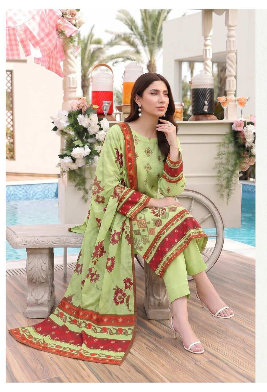 Elegant lime blossom printed 3-piece lawn suit by My Store featuring intricate patterns and lightweight fabric for summer wear.