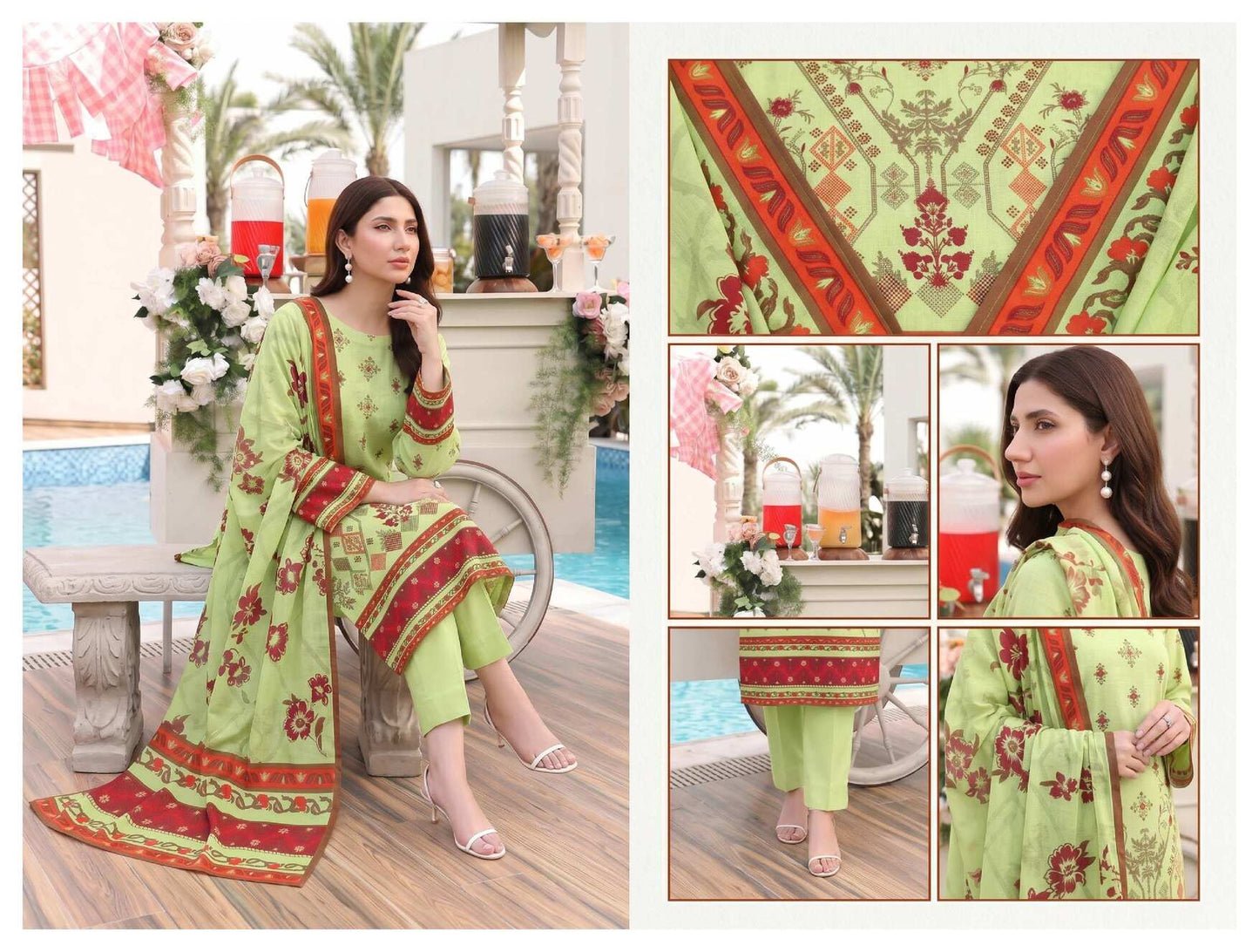 Elegant lime blossom printed 3-piece lawn suit with intricate design, featuring a matching kurta, dupatta, and trousers.