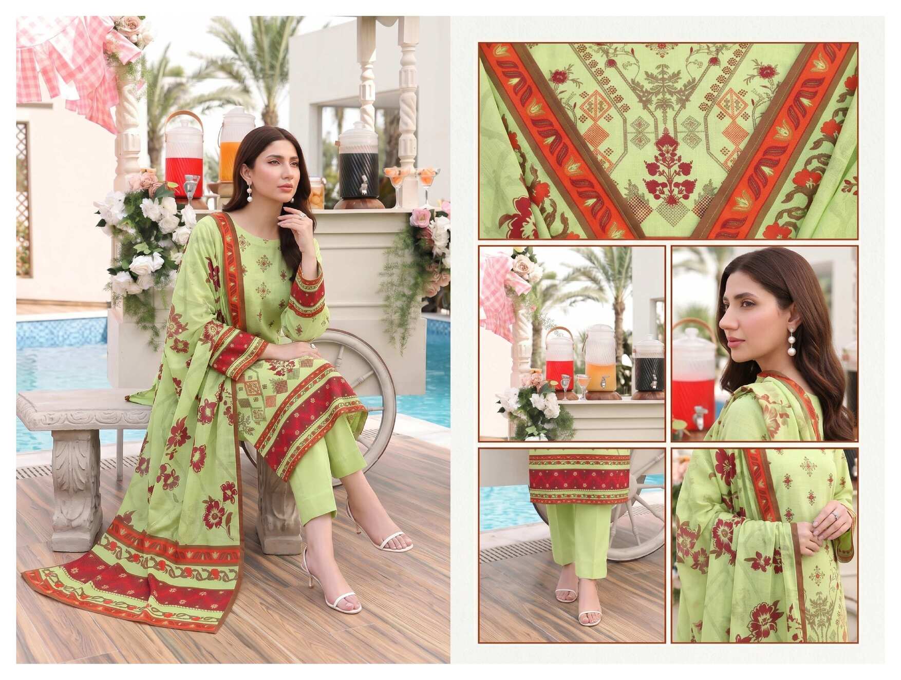 Elegant lime blossom printed 3-piece lawn suit with intricate design, featuring a matching kurta, dupatta, and trousers.