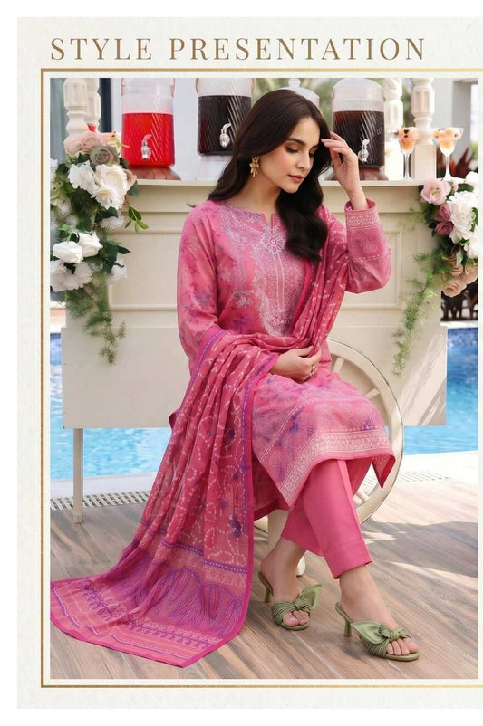 Elegant printed rose blush lawn suit with three-piece design, featuring intricate patterns and lightweight fabric from My Store.