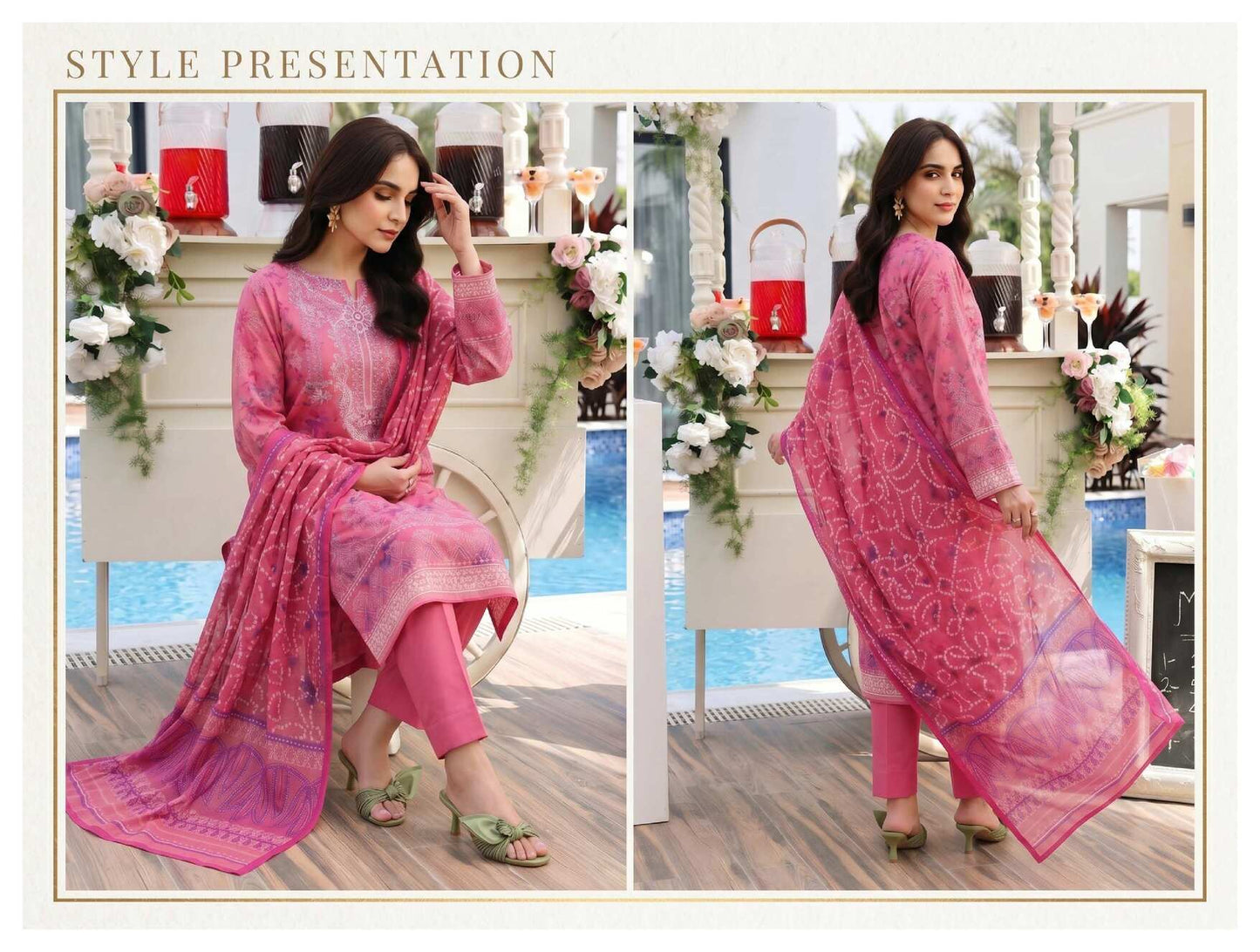 Elegant printed rose blush 3-piece lawn suit from My Store featuring intricate floral patterns and coordinated fabric.
