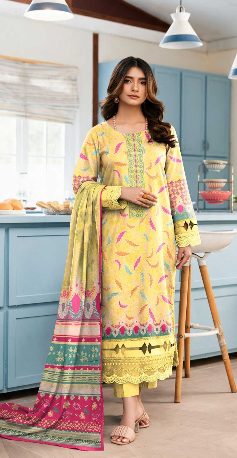 Elegant yellow printed 3-piece winter suit by Noreya Loom, featuring stylish design and vibrant fabric details.