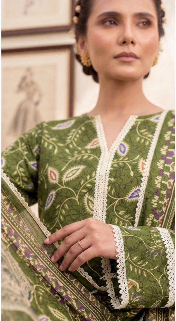 Olive green paisley printed 3-piece winter suit by Noreya Loom, featuring a stylish jacket, pants, and matching scarf.