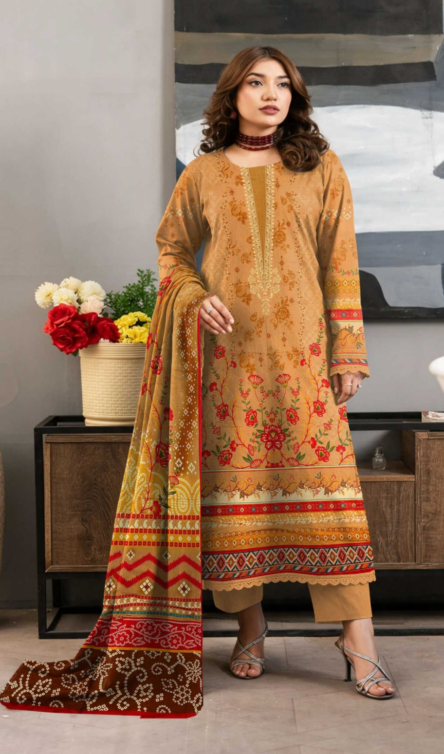 Noreya Loom Heritage mustard printed 3-piece winter suit set with intricate traditional patterns and warm fabric.