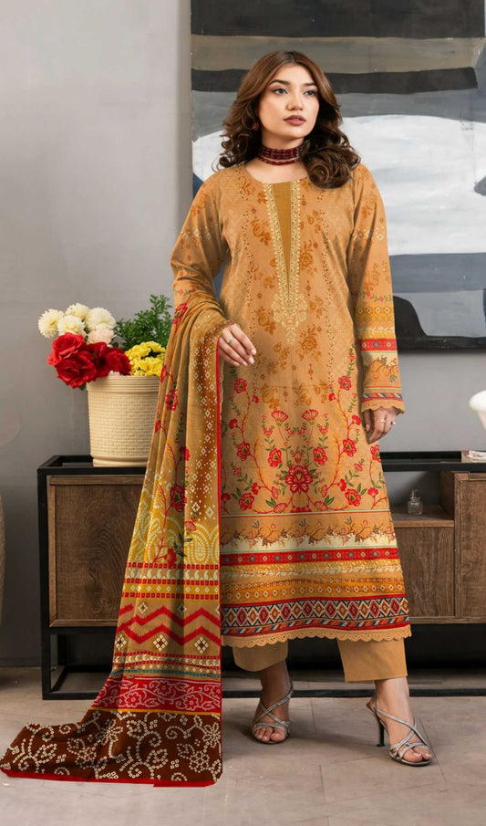 Noreya Loom Heritage mustard printed 3-piece winter suit set with intricate traditional patterns and warm fabric.