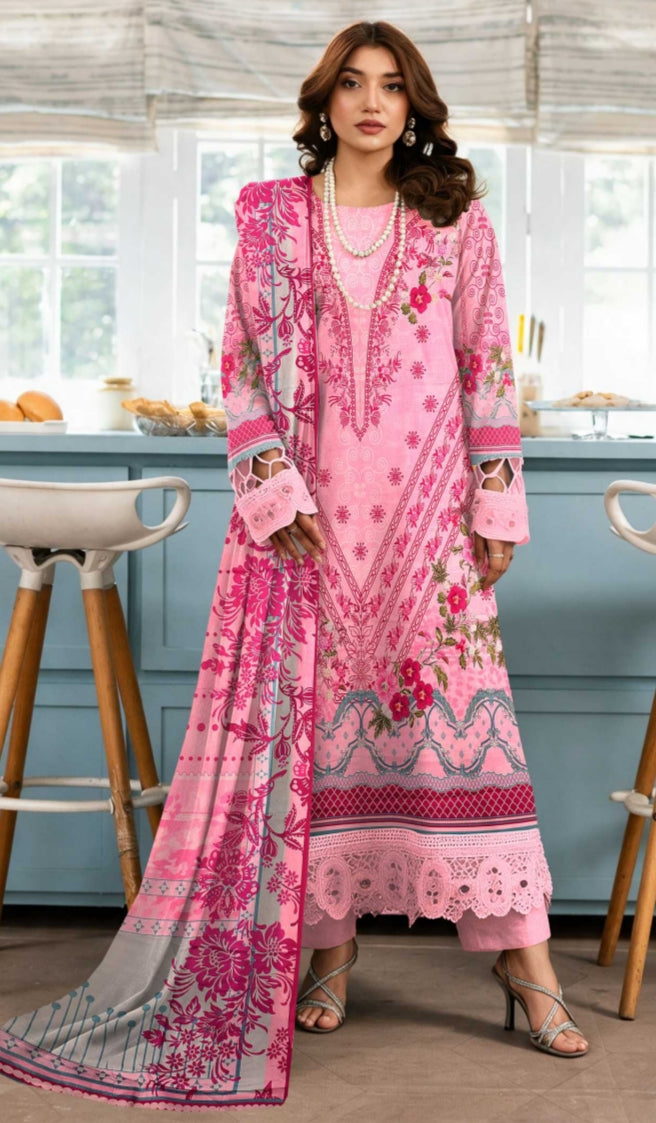 Pink floral printed 3-piece suit with designer dupatta by Noreya Loom, showcasing intricate floral patterns and elegant fabric details.