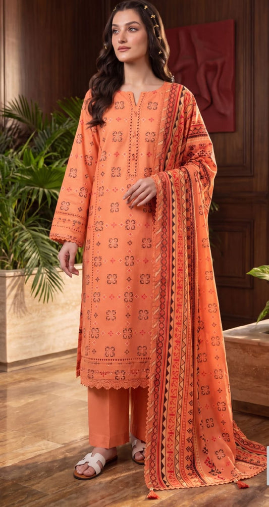 Noreya Loom Peach Coral Heritage printed 3-piece winter suit with floral patterns, cozy fabric, and layered design for warmth.