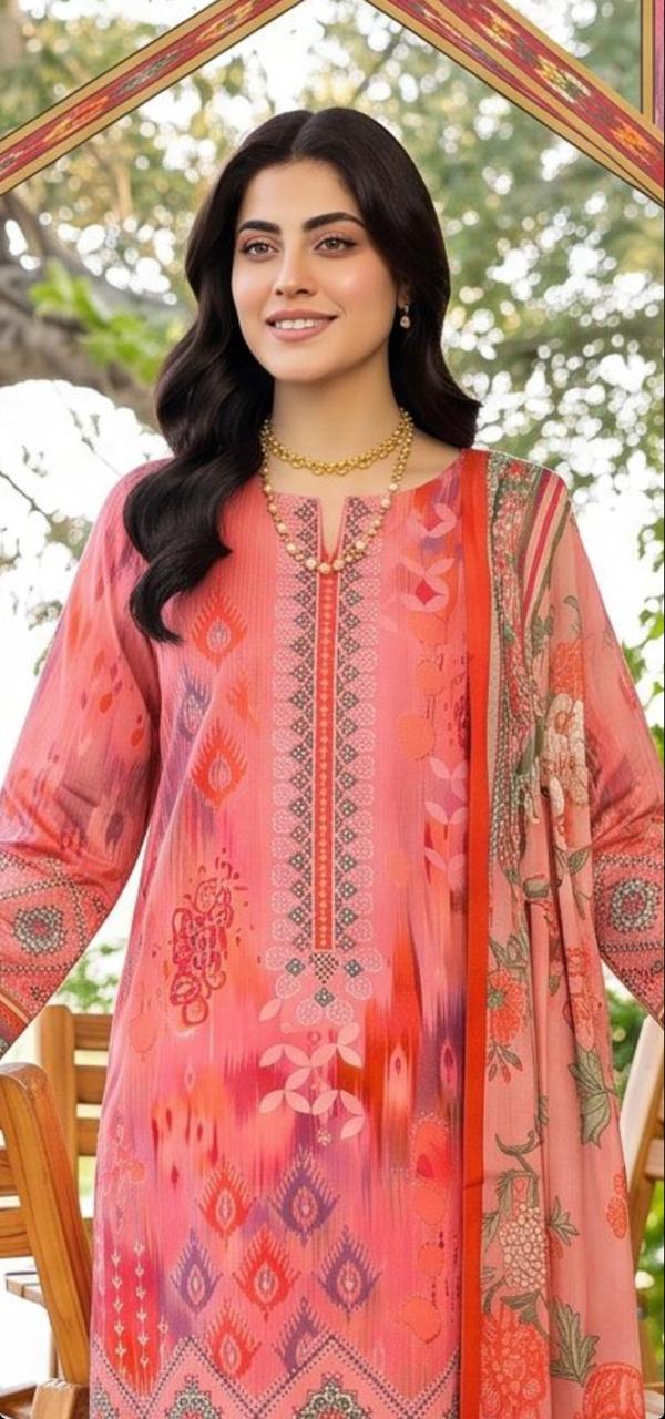 Coral pink printed 3-piece winter suit from Noreya Loom, featuring elegant floral patterns and cozy fabric for winter wear.