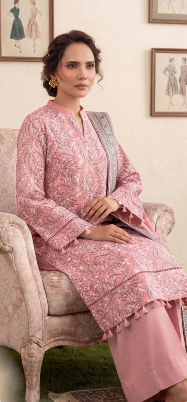Blush pink floral printed 3-piece winter suit by Noreya Loom, featuring a cozy jacket, pants, and matching top for winter wear.
