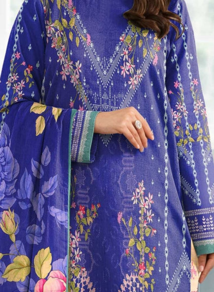 Noreya Loom Premium Royal Blue Floral Winter 3-Piece Printed Suit featuring a floral print jacket, pants, and matching top.
