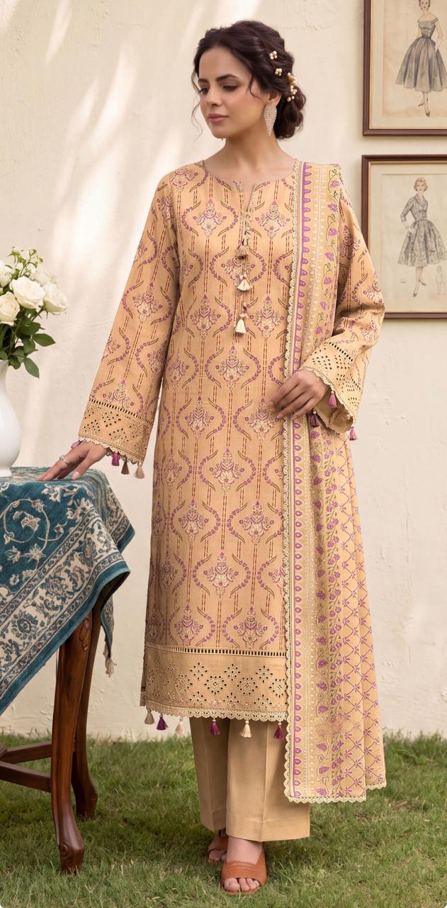 Peach beige printed 3-piece winter suit by Noreya Loom featuring cozy fabric and stylish design, ideal for winter wear.