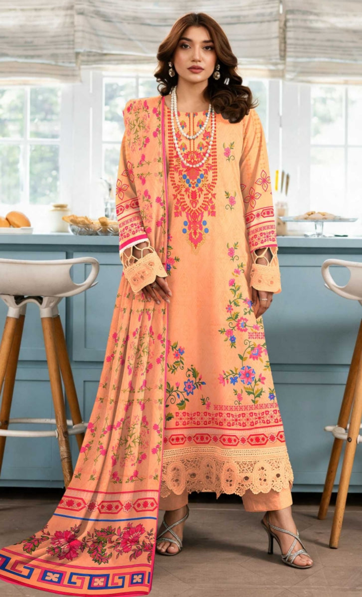 Peach floral printed 3-piece suit with designer dupatta by Noreya Loom, featuring intricate floral patterns and elegant fabric.