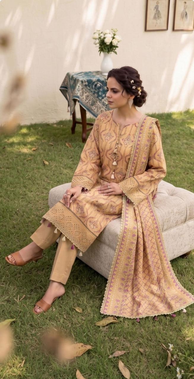 Peach beige printed 3-piece winter suit by Noreya Loom, featuring a stylish design and warm fabric for cold weather.
