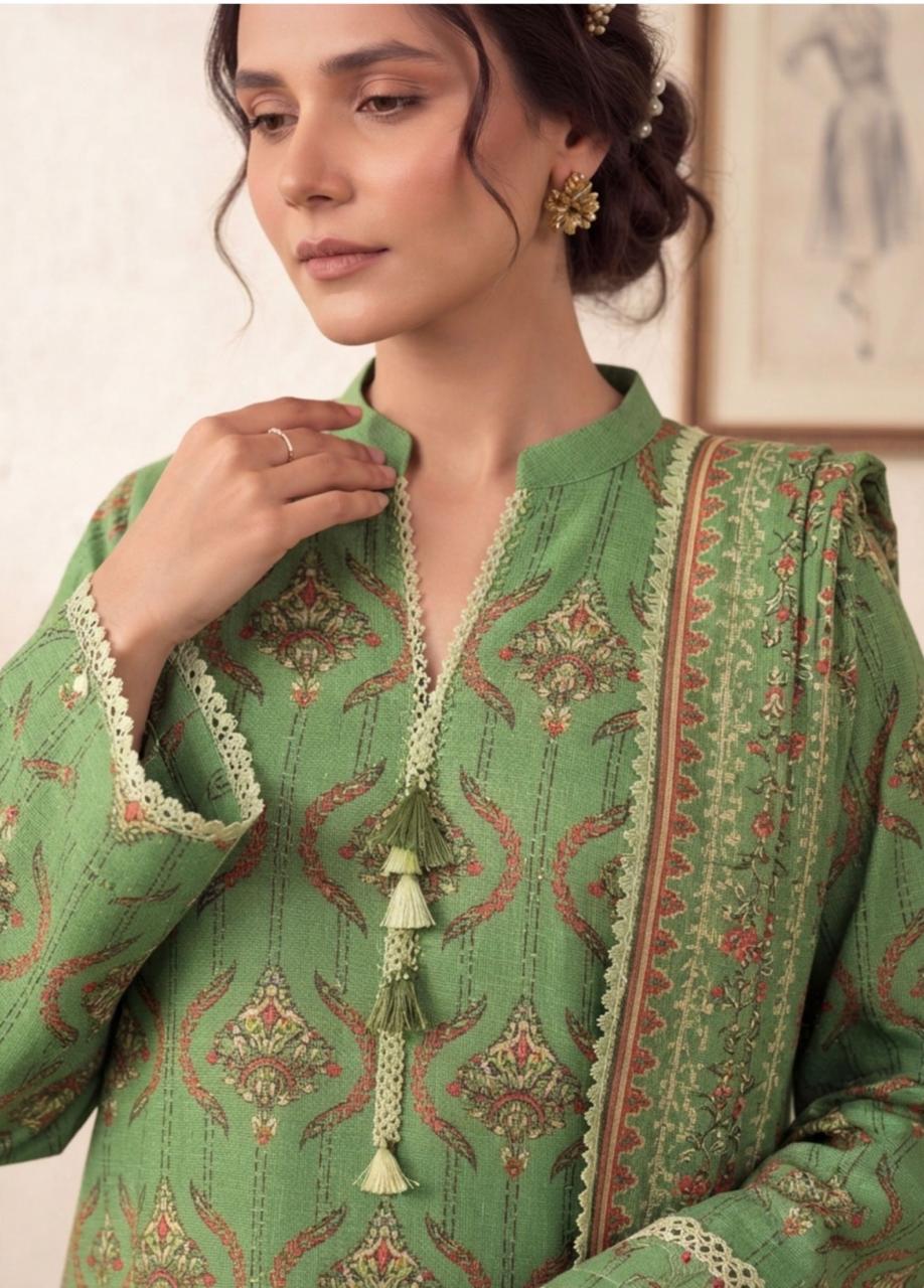 Sage green heritage printed 3-piece winter suit by Noreya Loom, featuring a cozy jacket, pants, and matching top for cold weather.