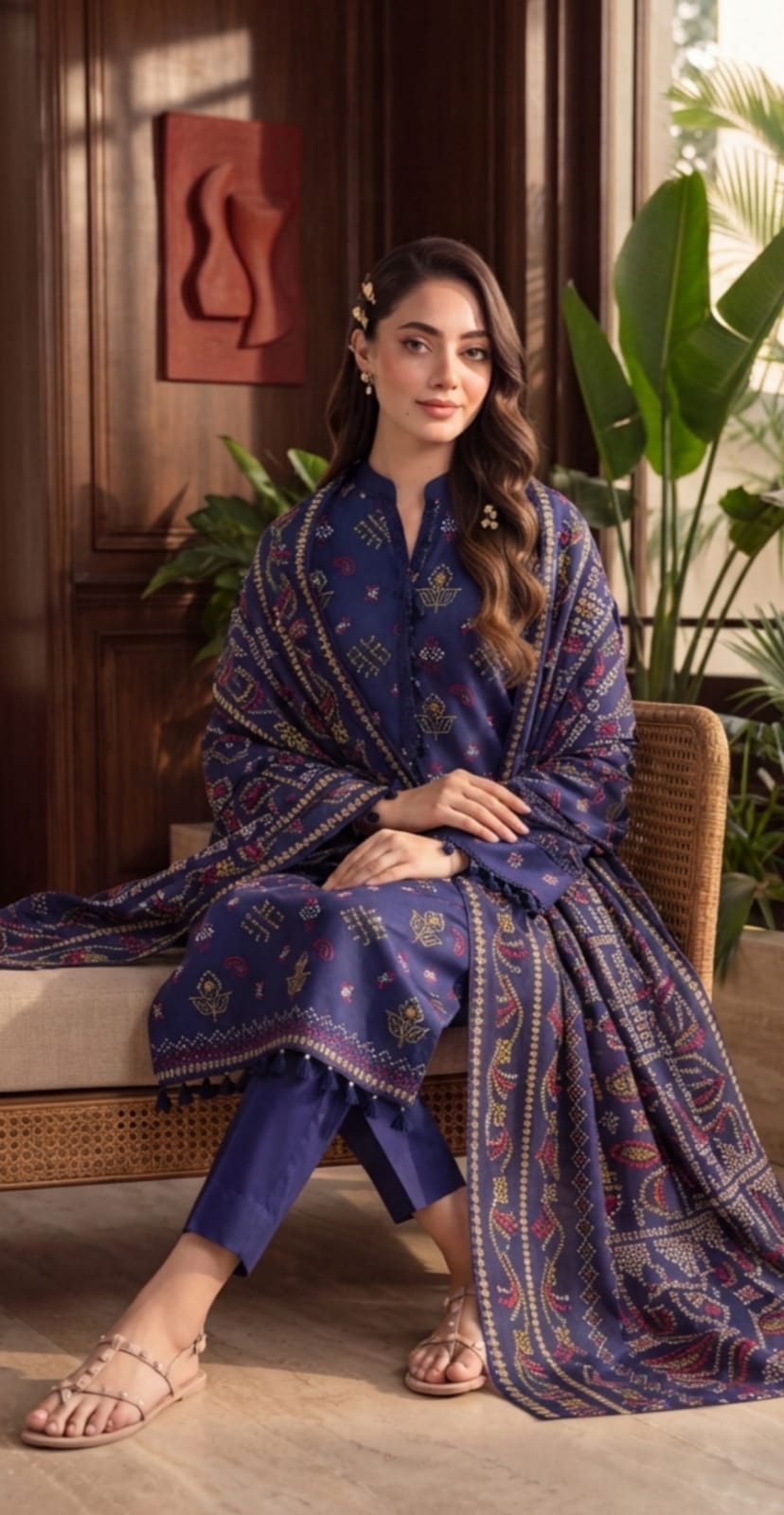 Royal blue printed 3-piece suit with embroidered border from Noreya Loom, showcasing detailed fabric and elegant design.