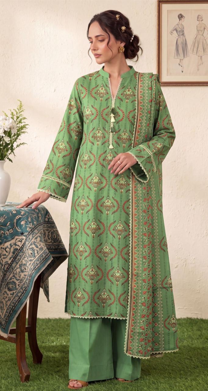 Sage green Noreya Loom Heritage printed 3-piece winter suit with intricate patterns and warm fabric, suitable for cold weather.