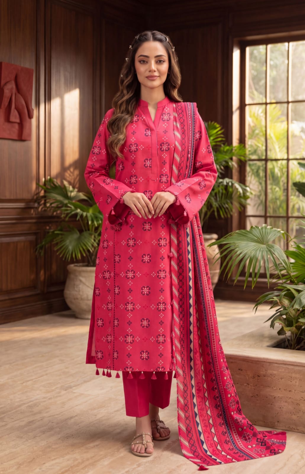 Pink winter premium printed 3-piece suit by Noreya Loom, featuring a stylish jacket, pants, and top with floral print design.